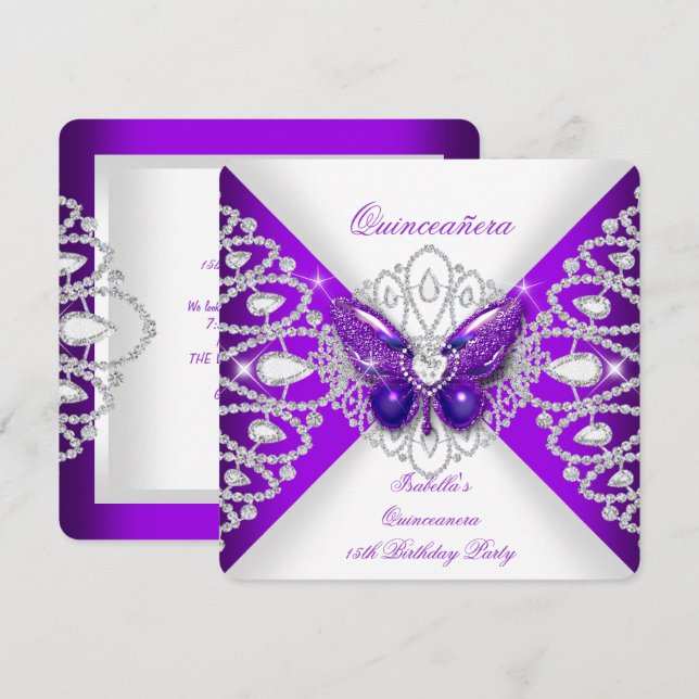 Invitación Quinceanera 15ª mariposa púrpura Tiara Fiesta 2 (Anverso / Reverso)