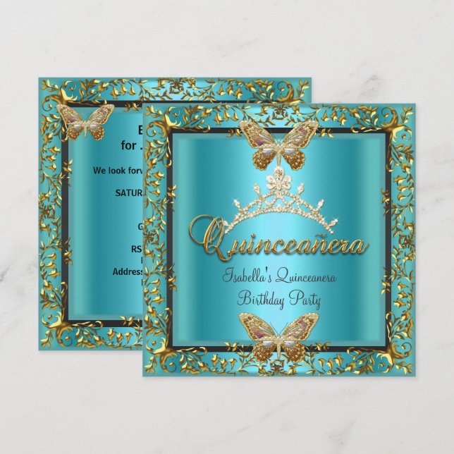 Invitación Quinceañera 15ª Mariposa Verde azulada de Oro Azul (Anverso / Reverso)