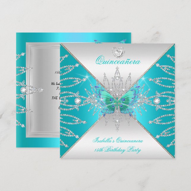 Invitación Quinceanera 15ª Mariposa Verde azulada de Plata Ti (Anverso / Reverso)