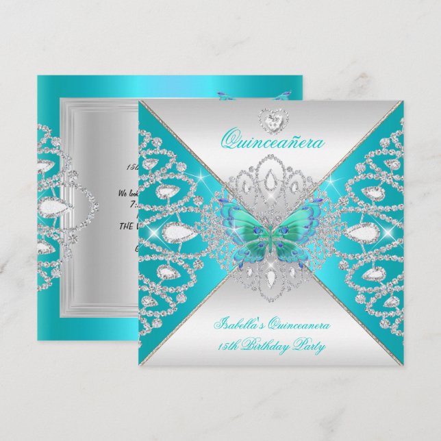 Invitación Quinceanera 15ª Mariposa Verde azulada de Plata Ti (Anverso / Reverso)