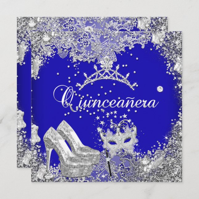 Invitación Quinceanera 15ª máscara de plata azul cobalto Tiar (Anverso / Reverso)