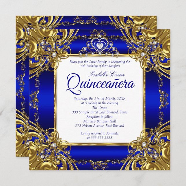Invitación Quinceanera 15ª Perla Real de Oro Azul Tiara (Anverso / Reverso)