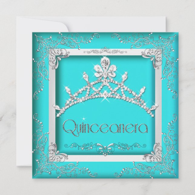 Invitación Quinceanera 15ª Plata Turquesa Tiara 15 Fiesta (Anverso)