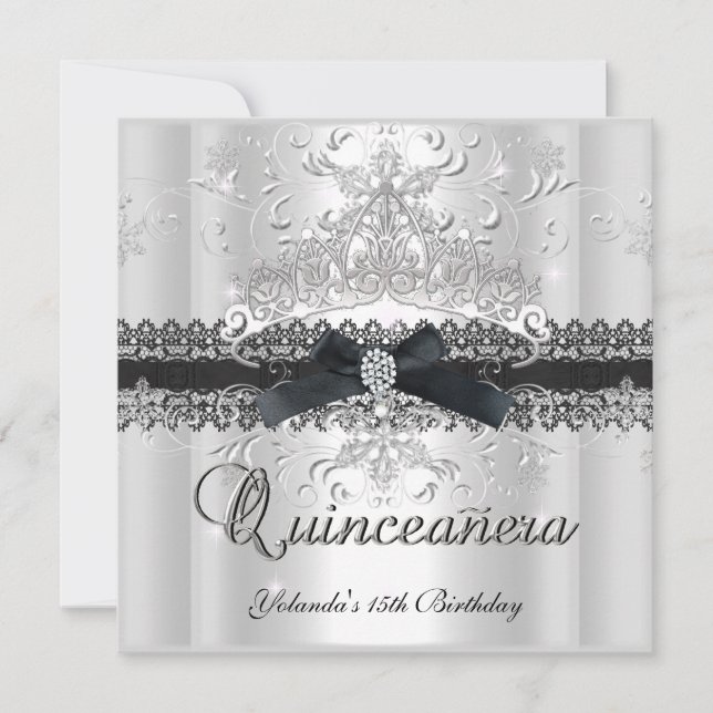 Invitación Quinceanera 15ª Purpurina Tiara Black White Bow (Anverso)