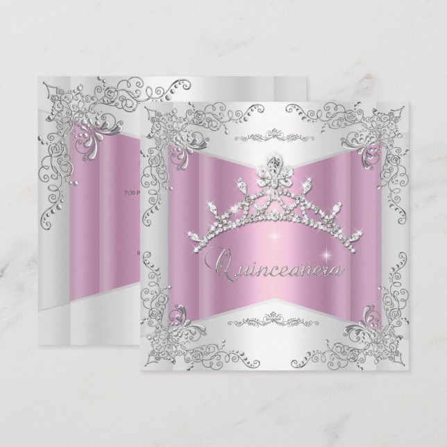 Invitación Quinceanera 15ª Tiara de Plata Blanca Rosa (Anverso / Reverso)