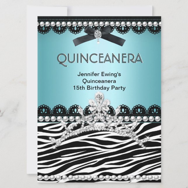 Invitación Quinceanera 15ª Verde azulada azul Zebra negra Tia (Anverso)