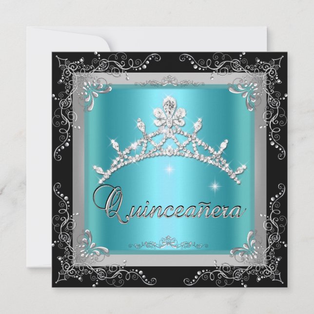 Invitación Quinceanera 15ª Verde azulada Plata Azul Tiara Neg (Anverso)