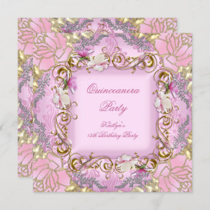 Invitación Quinceanera 15º Bonito Dámaso Rosa Floral de Oro