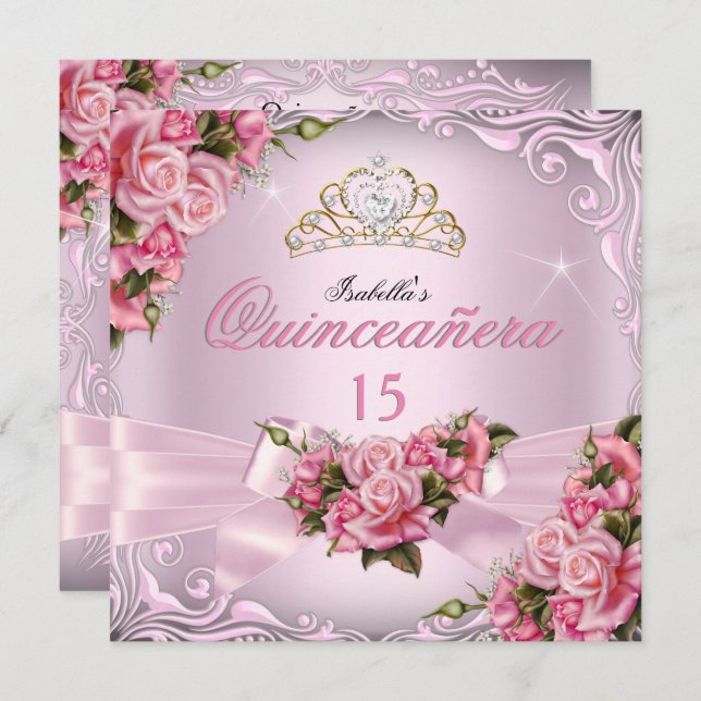 Invitación Quinceanera 15º Bonito Roses rosados Cumpleaños Ti (Anverso / Reverso)