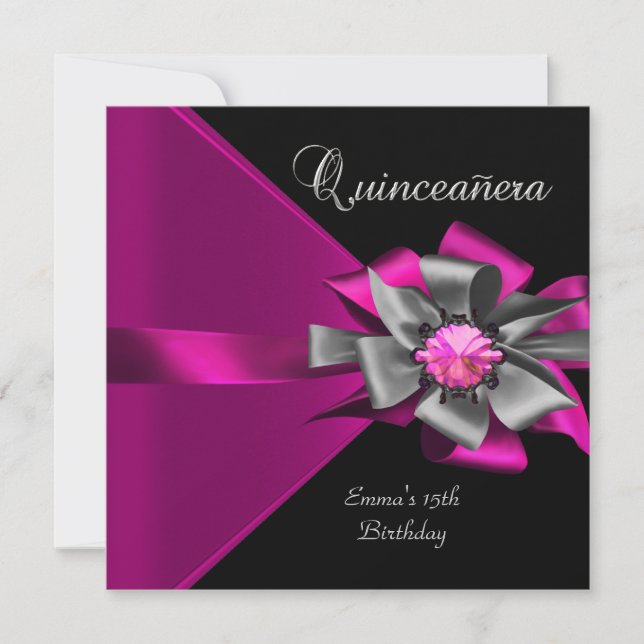 Invitación Quinceanera 15º Bow gris negro rosado plateado 3 (Anverso)