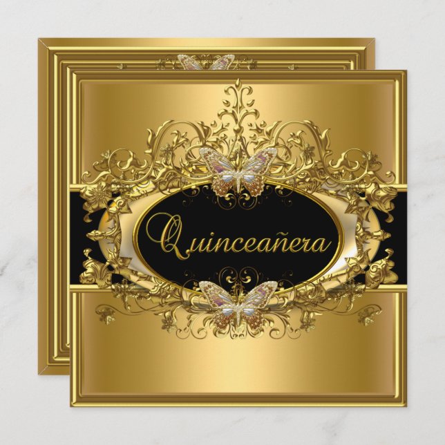 Invitación Quinceanera 15º Chicas de oro negro (Anverso / Reverso)