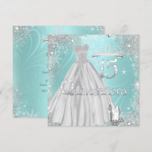 Invitación Quinceañera 15º Copos de Nieve Teal Plateado Fiest