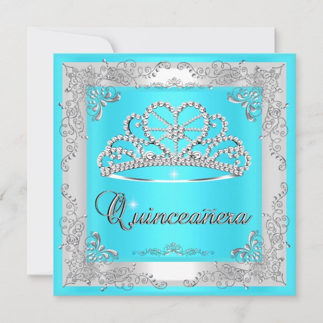 Invitación Quinceanera 15º cumpleaños Aqua Blue Silver Tiara (Anverso)