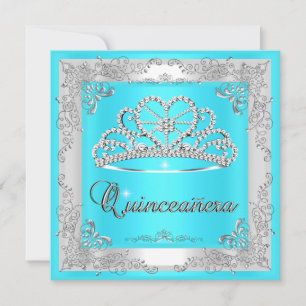 Invitación Quinceanera 15º cumpleaños Aqua Blue Silver Tiara