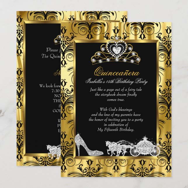 Invitación Quinceanera 15º cumpleaños Black Gold Damask 2 (Anverso / Reverso)
