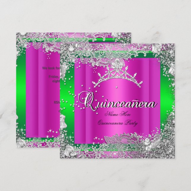 Invitación Quinceanera 15º cumpleaños Caliente Rosa Lime Tiar (Anverso / Reverso)