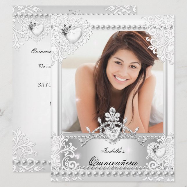 Invitación Quinceanera 15º cumpleaños Corazones blancos plate (Anverso / Reverso)