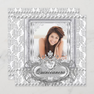 Invitación Quinceanera 15º cumpleaños Damask Plata Blanco