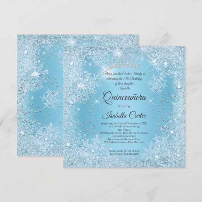Invitación Quinceanera 15º cumpleaños de invierno con copo de (Anverso / Reverso)