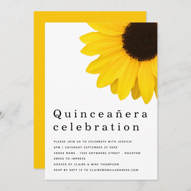 Invitación Quinceanera 15º cumpleaños del girasol amarillo rú (Anverso / Reverso)