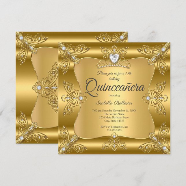 Invitación Quinceanera 15º cumpleaños Diamante de oro Tiara (Anverso / Reverso)