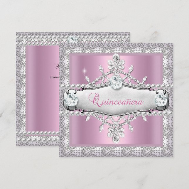 Invitación Quinceanera 15º cumpleaños Diamante Rosa Tiara (Anverso / Reverso)