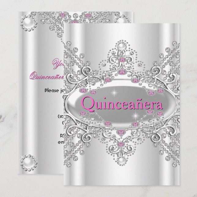 Invitación Quinceañera 15º cumpleaños Diamantes rosados (Anverso / Reverso)