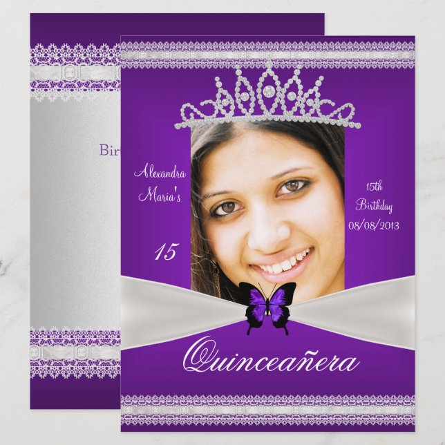 Invitación Quinceañera 15º cumpleaños foto de encaje blanco m (Anverso / Reverso)