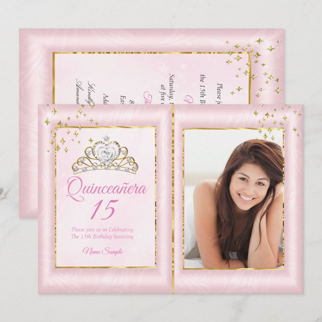 Invitación Quinceanera 15º cumpleaños foto de oro rosado de R (Anverso / Reverso)