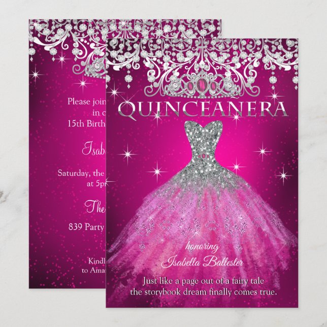 Invitación Quinceanera 15º cumpleaños FUCHSIA Rosa Tiara (Anverso / Reverso)