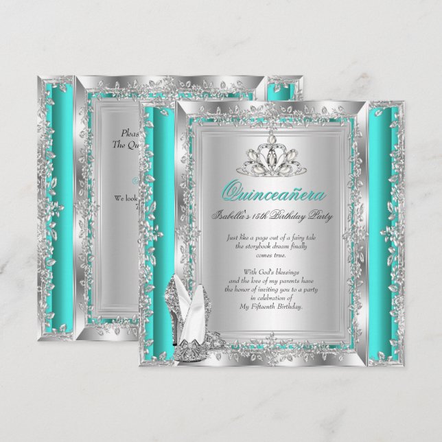 Invitación Quinceanera 15º cumpleaños jade zapatos de plata v (Anverso / Reverso)