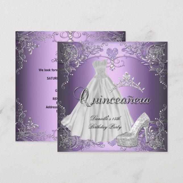 Invitación Quinceanera 15º cumpleaños Lilac Purple (Anverso / Reverso)