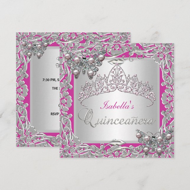 Invitación Quinceanera 15º cumpleaños mariposas Plata Rosa (Anverso / Reverso)