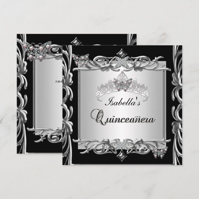 Invitación Quinceanera 15º cumpleaños mariposas plateadas neg (Anverso / Reverso)