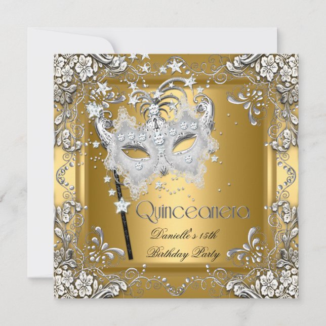 Invitación Quinceanera 15º cumpleaños Masquerade Silver Gold (Anverso)