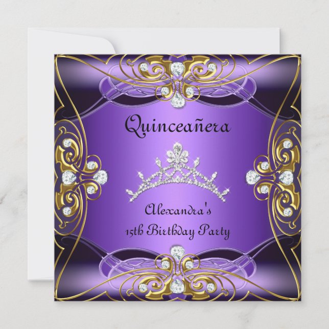 Invitación Quinceanera 15º cumpleaños oro morado negro de pla (Anverso)