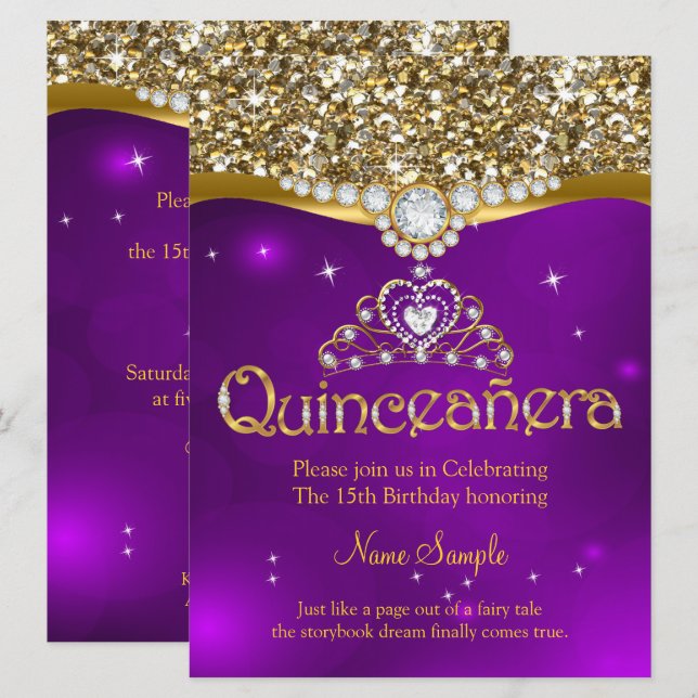 Invitación Quinceanera 15º cumpleaños oro Purpurina púrpura (Anverso / Reverso)