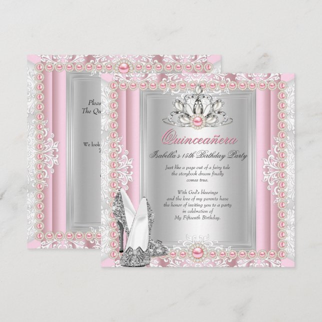 Invitación Quinceanera 15º cumpleaños Pearl Light Talones ros (Anverso / Reverso)