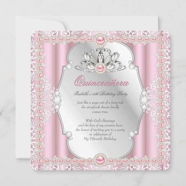 Invitación Quinceanera 15º cumpleaños Pearl Pink Silver 2 (Anverso)
