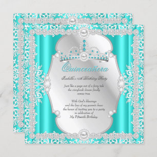 Invitación Quinceanera 15º cumpleaños Pearl Plata Verde azula