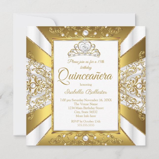 Invitación Quinceanera 15º cumpleaños Perla de Oro Blanco Tia (Anverso)