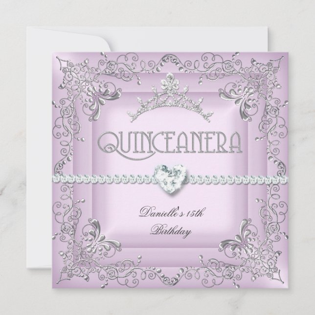 Invitación Quinceanera 15º cumpleaños Pink Tiara Silver (Anverso)