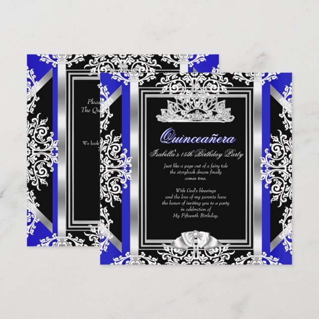 Invitación Quinceanera 15º cumpleaños Plata Azul Real Negro (Anverso / Reverso)