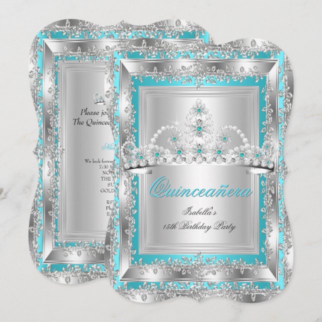 Invitación Quinceanera 15º cumpleaños Plata Azul Verde azulad (Anverso / Reverso)
