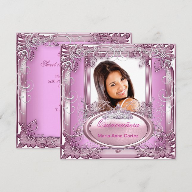 Invitación Quinceañera 15º cumpleaños Plata Blanca Rosa Tiara (Anverso / Reverso)