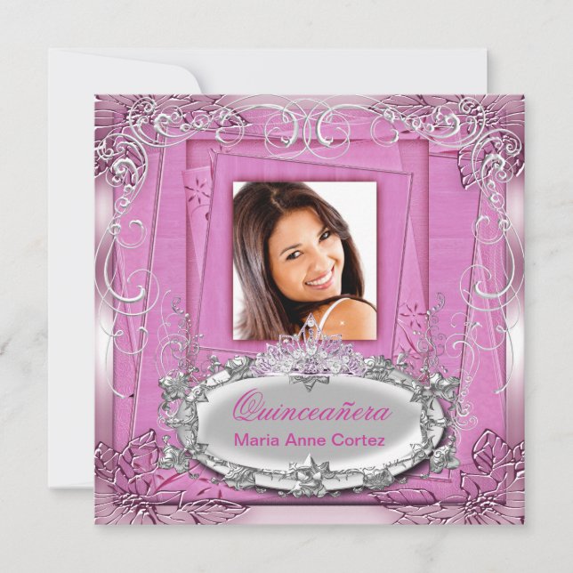 Invitación Quinceañera 15º cumpleaños Plata Blanca Rosa Tiara (Anverso)