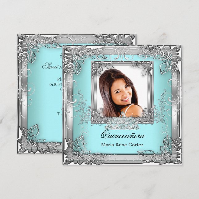 Invitación Quinceañera 15º cumpleaños Plata Blanca Verde azul (Anverso / Reverso)