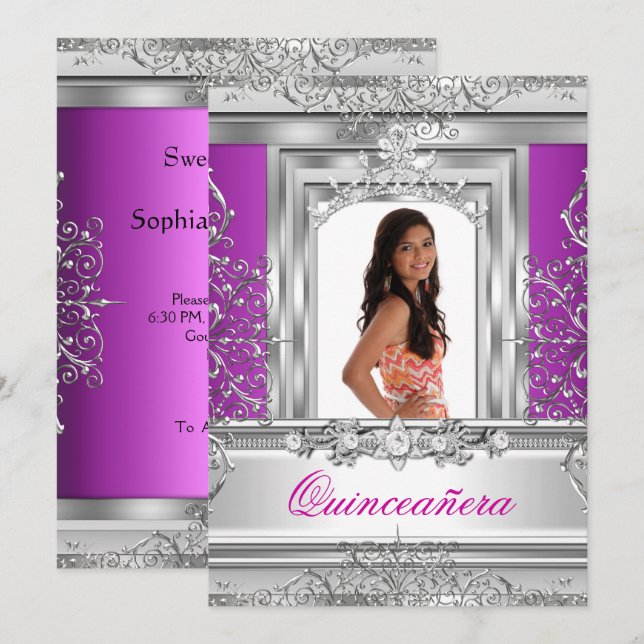 Invitación Quinceañera 15º cumpleaños Plata Púrpura Tiara (Anverso / Reverso)