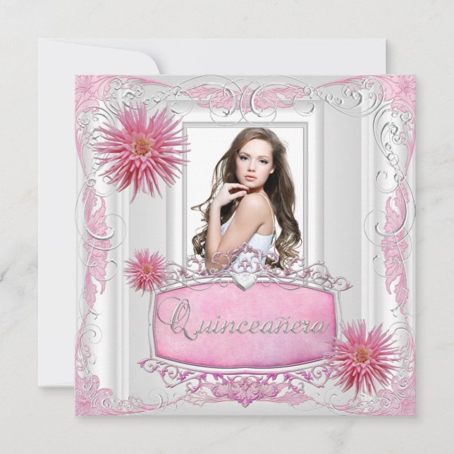 Invitación Quinceanera 15º cumpleaños Plata Rosa Blanca Dahli (Anverso)