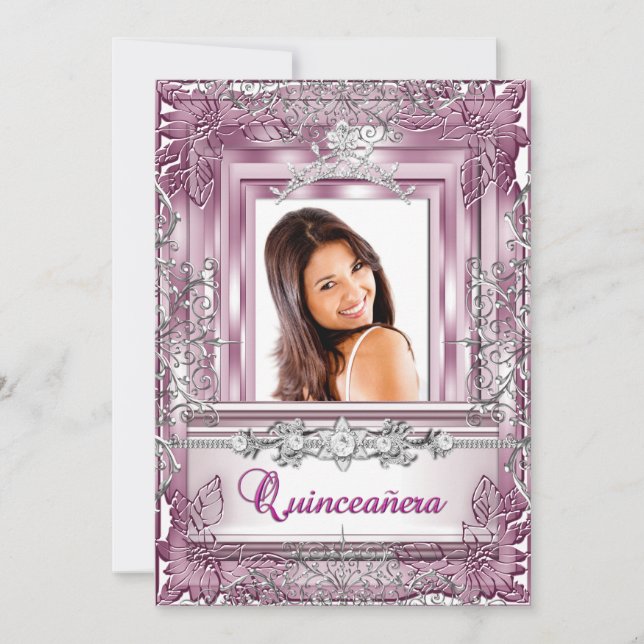 Invitación Quinceañera 15º cumpleaños Plata Rosa Tiara (Anverso)